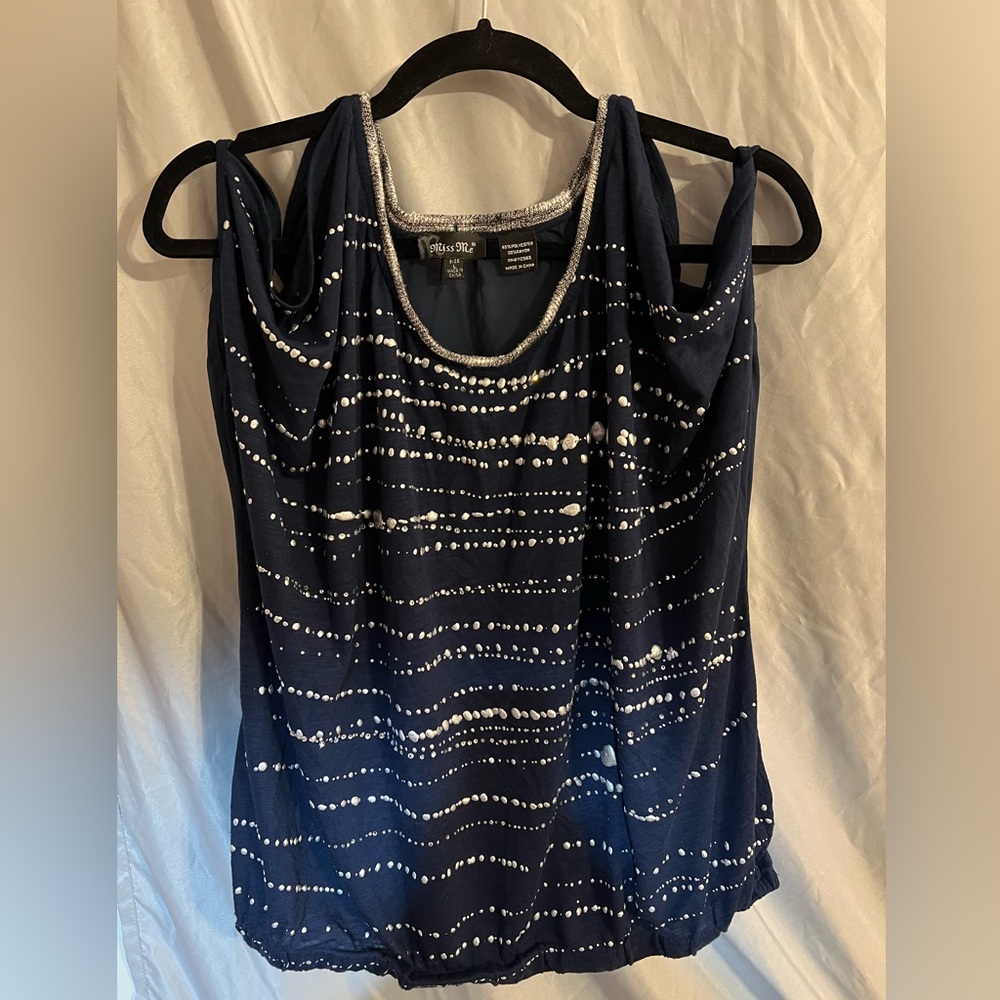Women’s Miss Me Navy Blue with Silver Paint Splashes Top, Size Large.